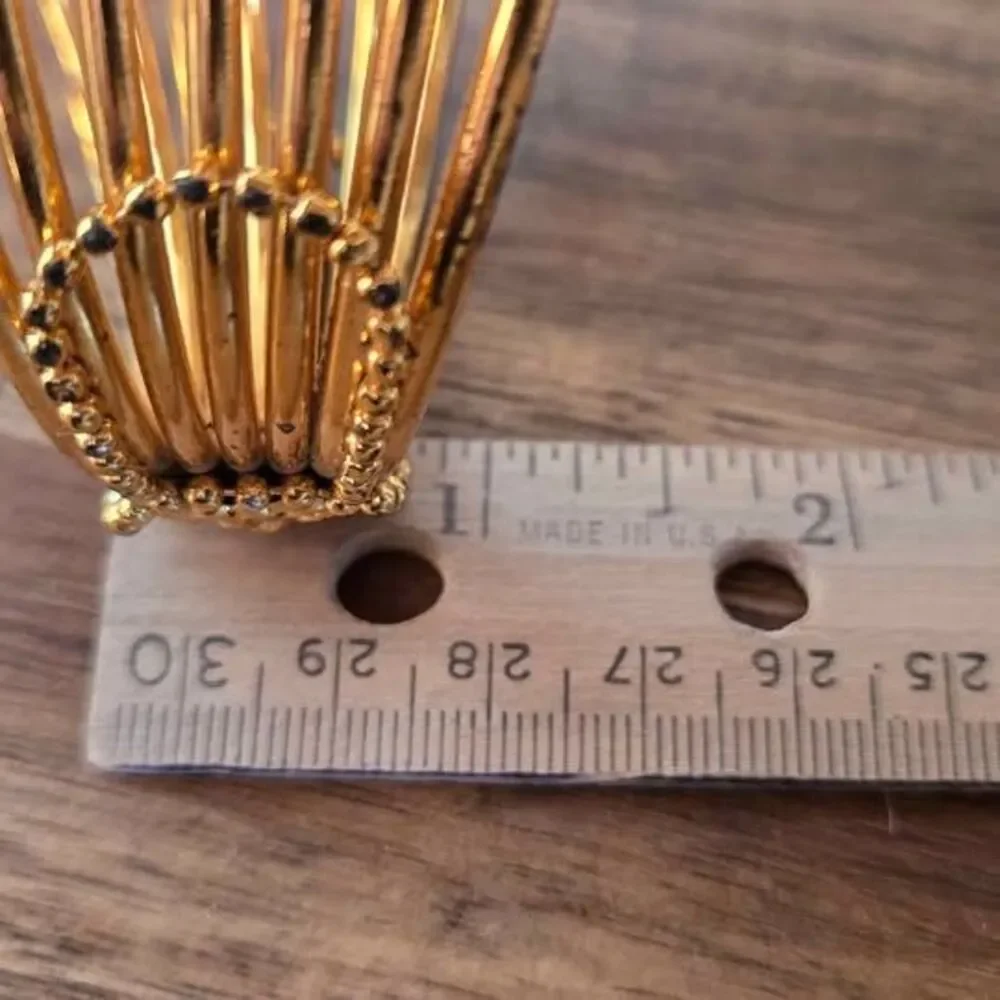 Gold Tone Multi Band Rhinestone Bangle Bracelet Floral Charm 2.5